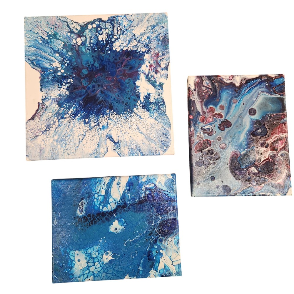 Abstract Acrylic Pour Painting Set‎ 3 Piece Blue Teal Purple Canvas Wall Art